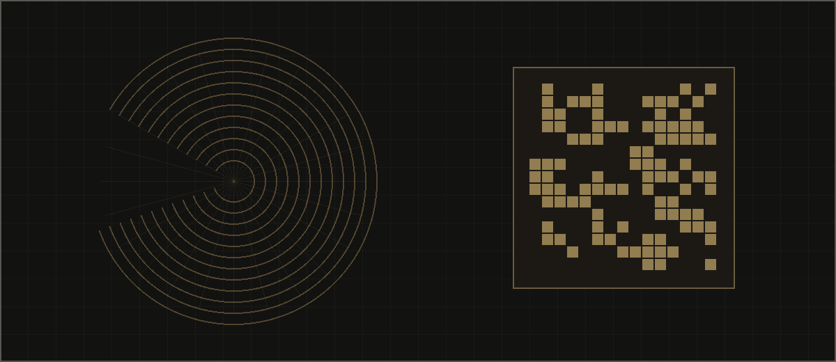 Sound on Paper — black card with gold concentric circles and QR code on a sandy surface